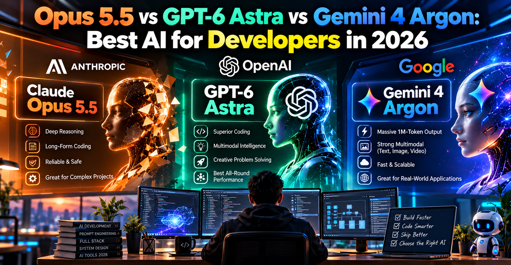 Opus 5.5 vs GPT-6 Astra vs Gemini 4 Argon: Best AI for Developers in 2026