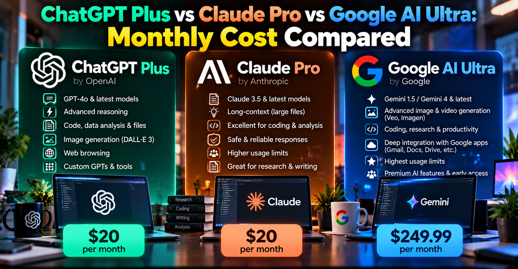 ChatGPT Plus vs Claude Pro vs Google AI Ultra: Monthly Price Comparison (2026)
